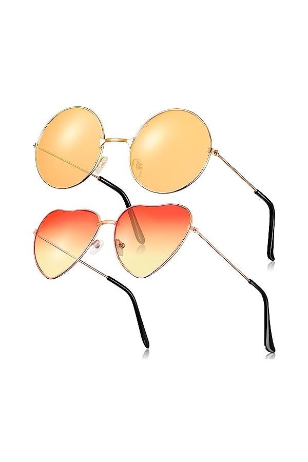 Fiada 2 Paires Lunettes de Soleil Hippies Lunettes de Soleil Rétro Lunettes de Soleil Vintages Lunettes de Soleil Rondes et C