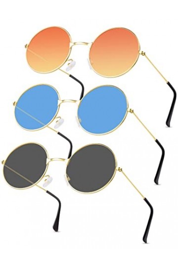 Kiiwah 3 Paires Lunettes de Soleil Rondes Hippie, Lunettes Rondes Hippie Colorées Rétro, Lunettes Fête Vinatge Lunettes de So