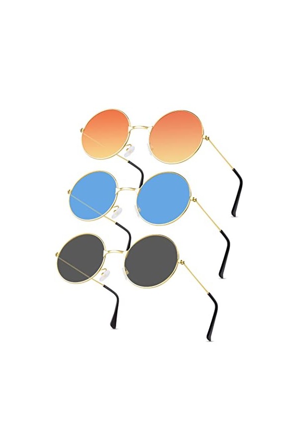 Kiiwah 3 Paires Lunettes de Soleil Rondes Hippie, Lunettes Rondes Hippie Colorées Rétro, Lunettes Fête Vinatge Lunettes de So