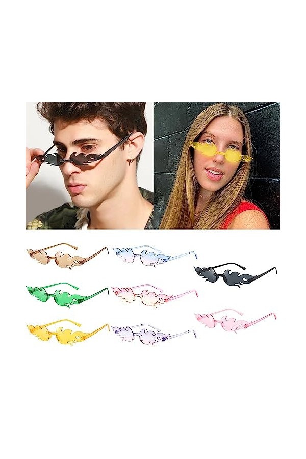 Lucktao 8 Paires Lunettes de Soleil en Forme Flamme,Lunettes de Soleil Flamme Femme,Feu Lunettes de Soleil Sans Monture,Lunet