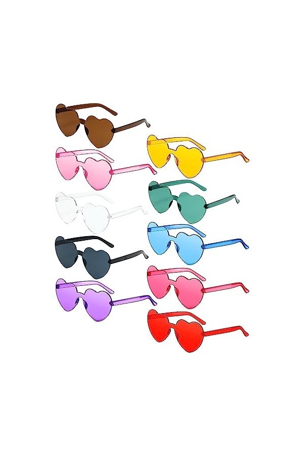 EnixwH 10 Paires Lunettes de Soleil en Forme de Coeur, Multicolore Drôle de Lunettes de Soleil de Fête, Retro Clear Heart Lun