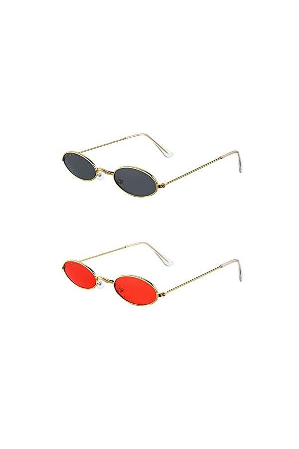 MoKu 2 Paires Lunettes de Soleil Ovales Vintage, Lunettes de Soleil Ovale Rétro, Vintage de Petites Lunettes de Soleil, Petit