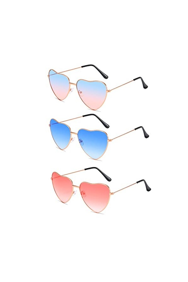 3 Paires Lunettes Soleil Hippies en Coeur, Lunettes de Soleil Hippie Rétro, Lunettes Soleil Coeur Vintage, Lunettes Fête en F