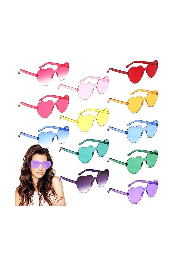 HZMJDHZM 12 Paires Lunettes de Soleil en Forme de Coeur, Lunettes Parti de Soleil HippieLunette de Soleil sans Monture Lunett