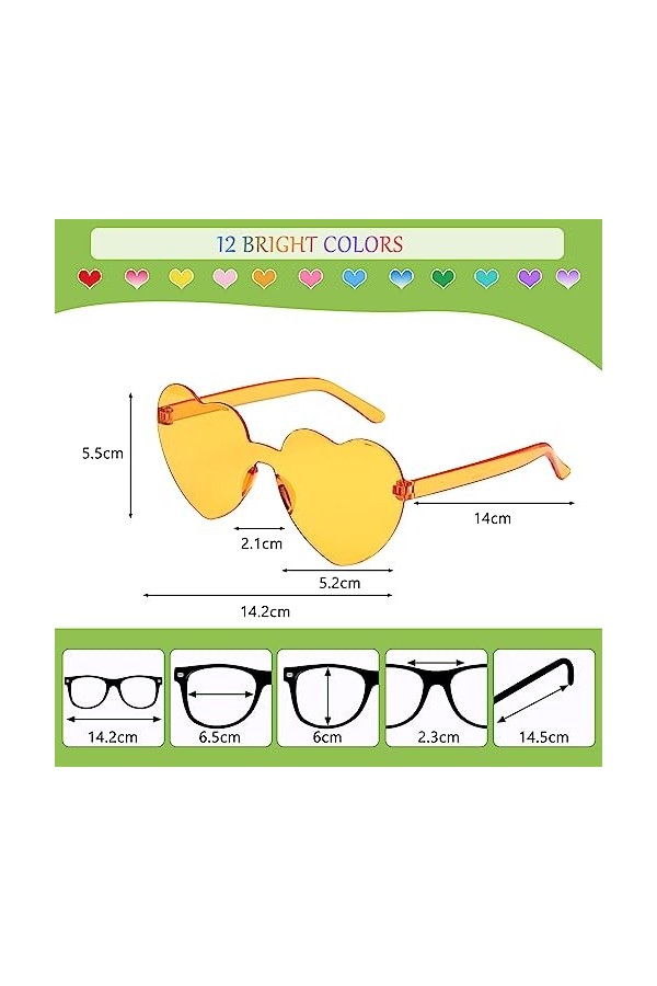 HZMJDHZM 12 Paires Lunettes de Soleil en Forme de Coeur, Lunettes Parti de Soleil HippieLunette de Soleil sans Monture Lunett