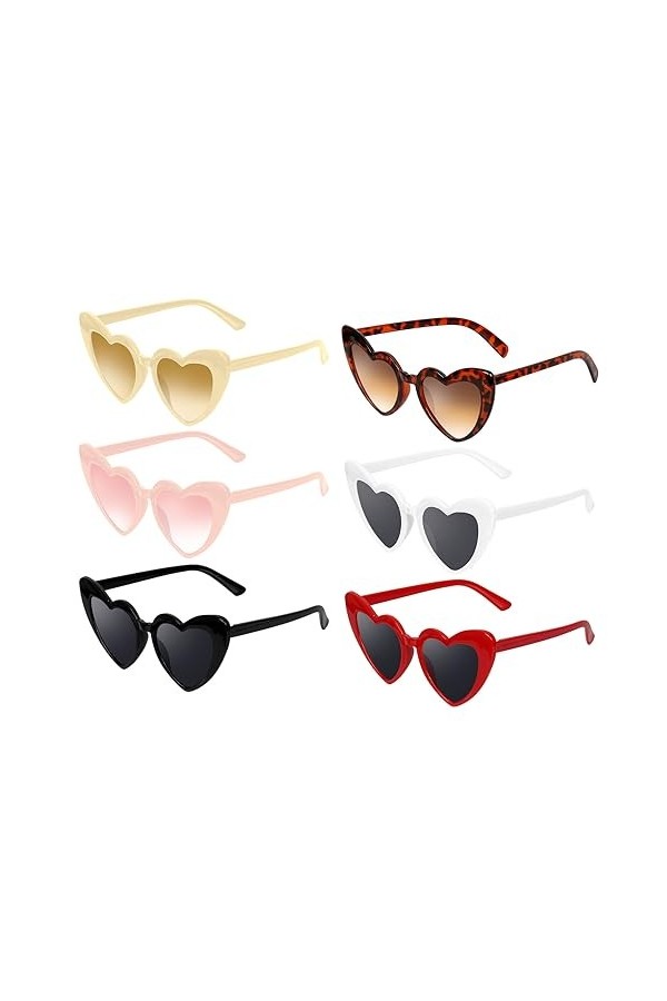 Lunettes de Soleil Femme Coeur, Lunette Coeur, 6 Paires Lunettes de Soleil Coeur, Lunettes Colorées de Protection UV400, Lune