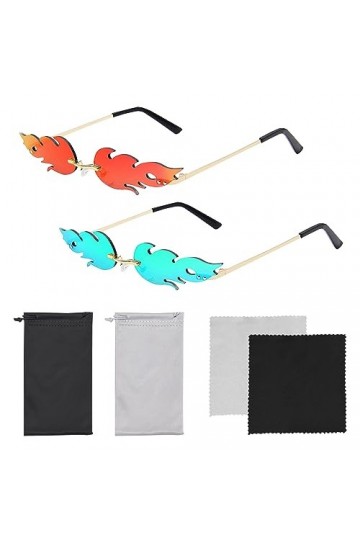 2 pièces de lunettes de soleil à flamme, 2 pièces de sacs à lunettes, 2 pièces de tissu à lunettes, style punk rétro, forme d