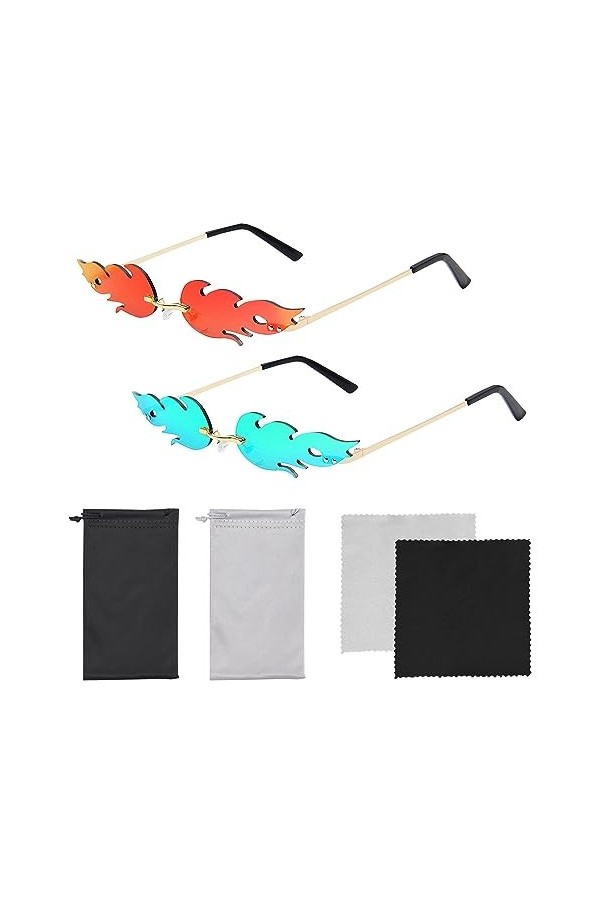 2 pièces de lunettes de soleil à flamme, 2 pièces de sacs à lunettes, 2 pièces de tissu à lunettes, style punk rétro, forme d