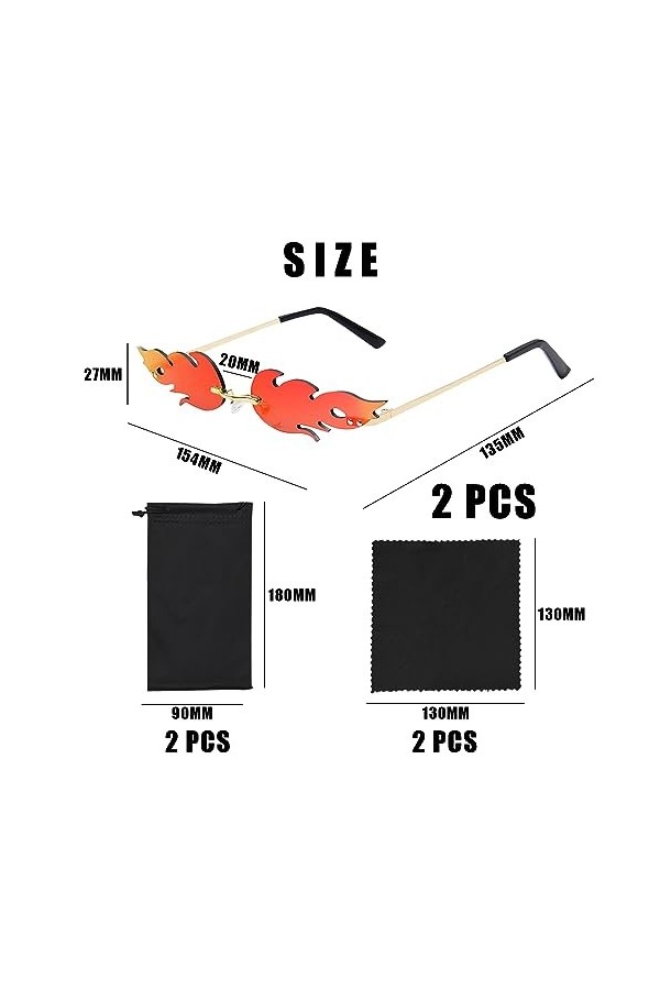 2 pièces de lunettes de soleil à flamme, 2 pièces de sacs à lunettes, 2 pièces de tissu à lunettes, style punk rétro, forme d