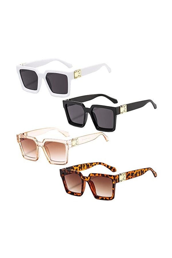 Mikqky 4 Pièces Lunettes De Soleil Carrées De Voyage, Soleil Carrées Unisexes pour Hommes Femmes, Uv 400 Protection Lunettes 