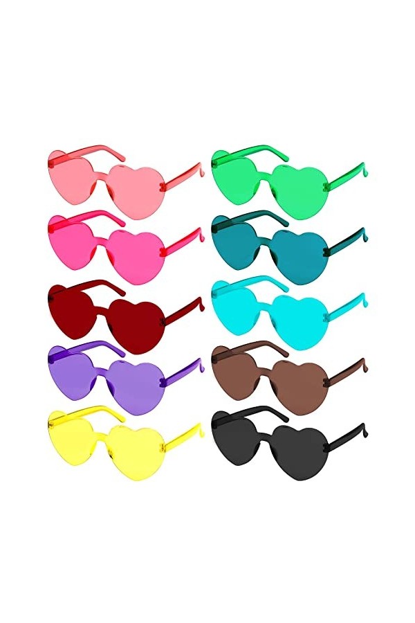 10 Paires Lunettes de Soleil en Forme de Coeur, Drôle de Lunettes de Soleil de Fête en Forme de Cœur Lunettes Vintage Hippie 