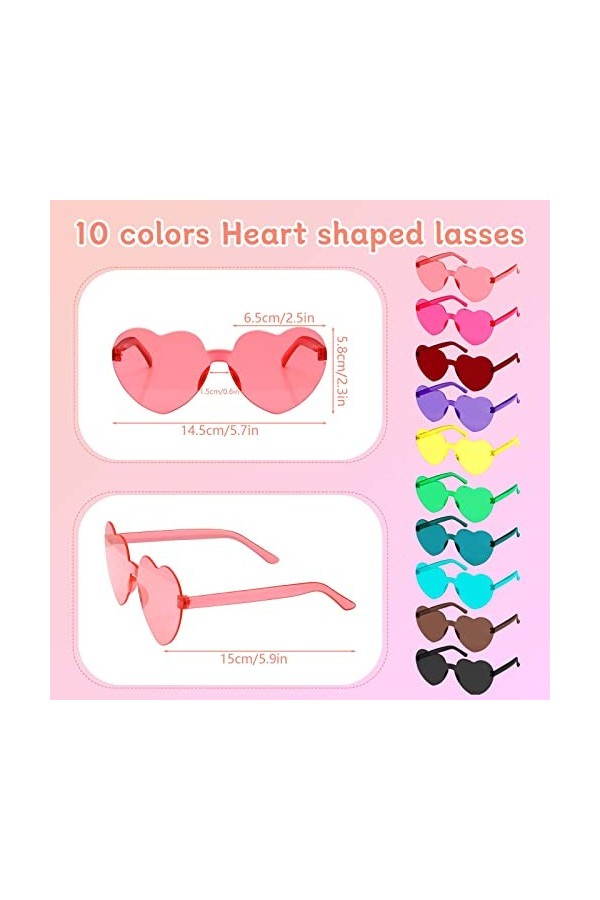 10 Paires Lunettes de Soleil en Forme de Coeur, Drôle de Lunettes de Soleil de Fête en Forme de Cœur Lunettes Vintage Hippie 
