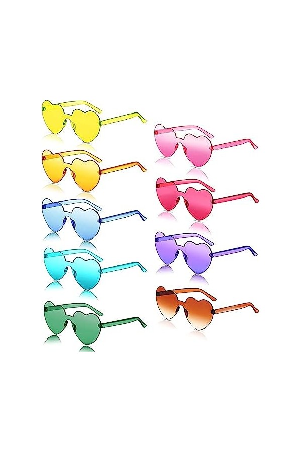 QXNDXQ Lot de 9 paires de lunettes de soleil en forme de cœur - Sans bordure - Pour fête danniversaire - Pour enfants et adu