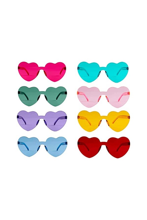 Lot de 8 paires de lunettes de soleil en forme de cœur - Style hippie rétro - Verres transparents - Couleur bonbon - Pour fem