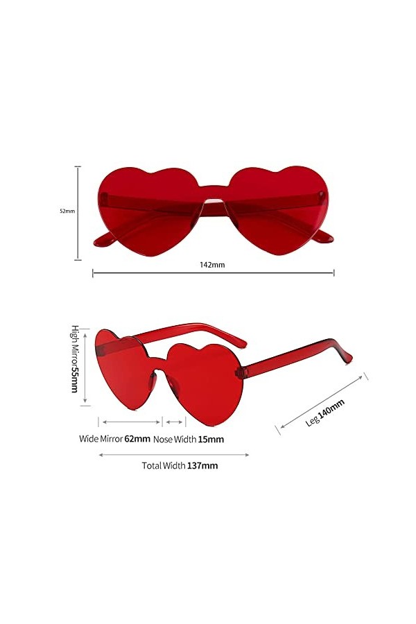 Lot de 8 paires de lunettes de soleil en forme de cœur - Style hippie rétro - Verres transparents - Couleur bonbon - Pour fem