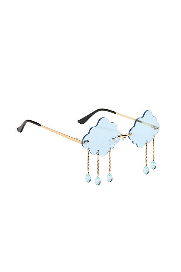 Hellery Lunettes de Soleil Sans Monture Forme de Nuage avec 3 Pendentif en Forme de Goutte Style Punk - Bleu, comme décrit
