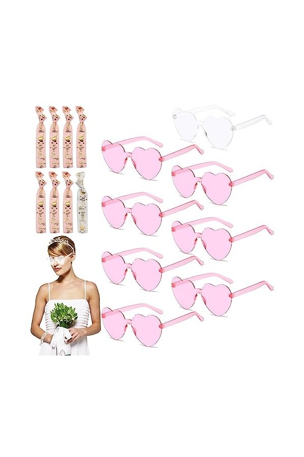 Lot de 8 paires de lunettes de soleil en forme de cœur - 8 bracelets - Style rétro - Sans monture - Accessoires photo pour ma