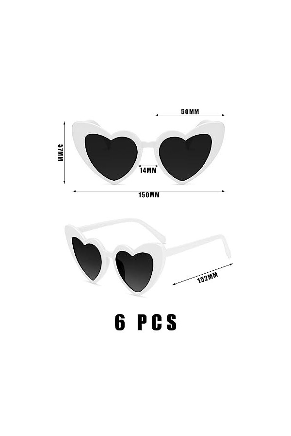 TAFACE 6pcs Lunettes De Soleil Coeur Blanc, Lunettes Rétro, Lunettes De Soleil Coeur Damour, Protection Uv, Lunettes De Sole