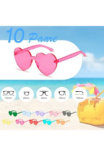 Cosy Living Lot de 10 paires de lunettes de soleil en forme de cœur - Rétro transparent - Lunettes de soleil en forme de cœur