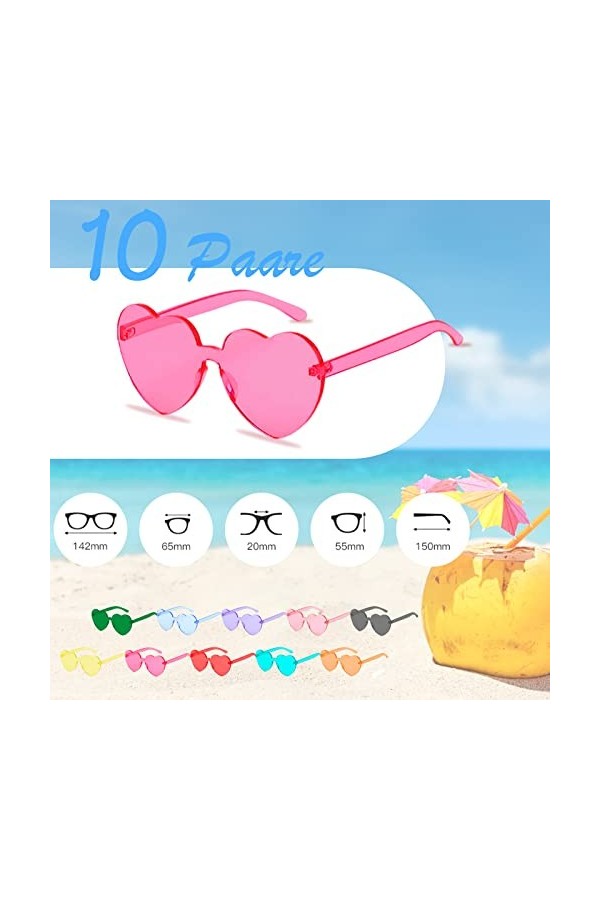 Cosy Living Lot de 10 paires de lunettes de soleil en forme de cœur - Rétro transparent - Lunettes de soleil en forme de cœur