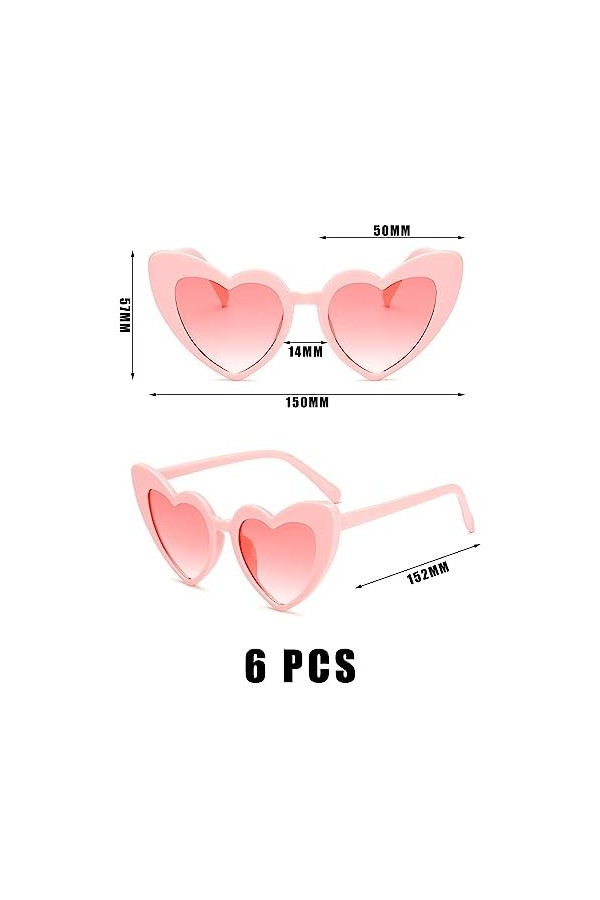 TAFACE 6pcs Lunettes De Soleil Coeur Rose, Lunettes De Soleil Vintage à La Mode, Lunettes De Soleil Coeur, Protection Uv, Lun