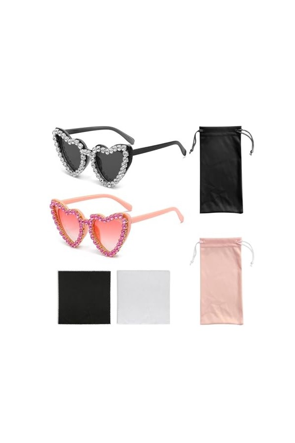 2 Paires De Lunettes De Soleil En Forme De Cœur Avec Strass, Lunettes De Soleil En Forme De Cœur En Diamant, Lunettes De Sole
