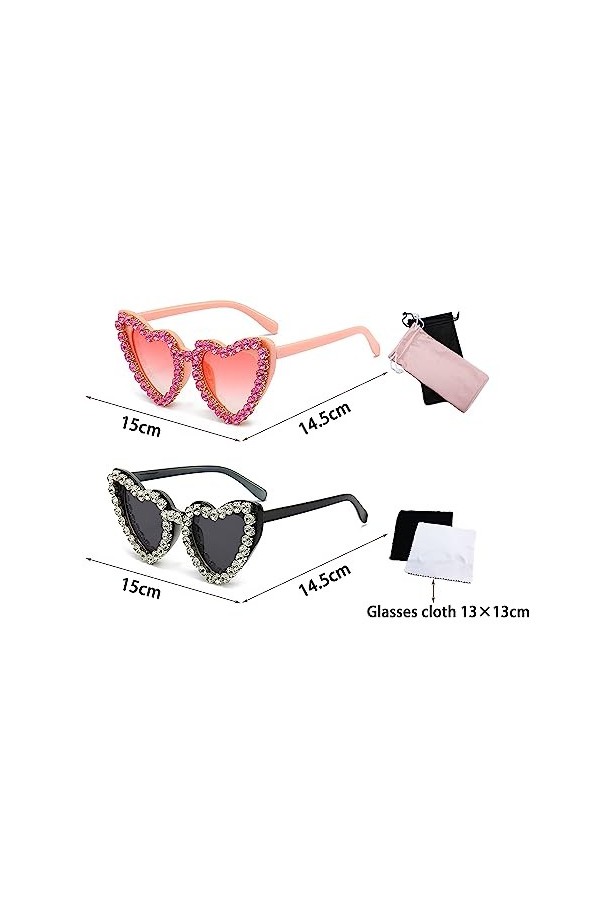 2 Paires De Lunettes De Soleil En Forme De Cœur Avec Strass, Lunettes De Soleil En Forme De Cœur En Diamant, Lunettes De Sole