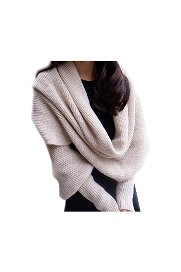 Bigood Echarpe Châle Femme Crochet Coton Foulard Pashmina Pull à Manches Longues Beige