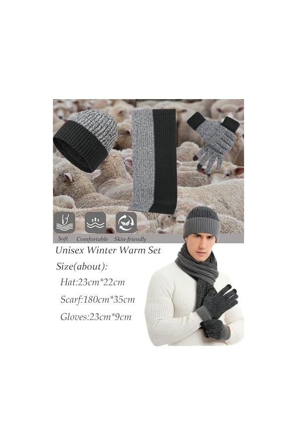 QUNERY Bonnets, Écharpe et Gants 3er, Echarpe Homme Femme Hiver Bonnet Tricoté Gants Tactiles avec Particules Antidérapantes 