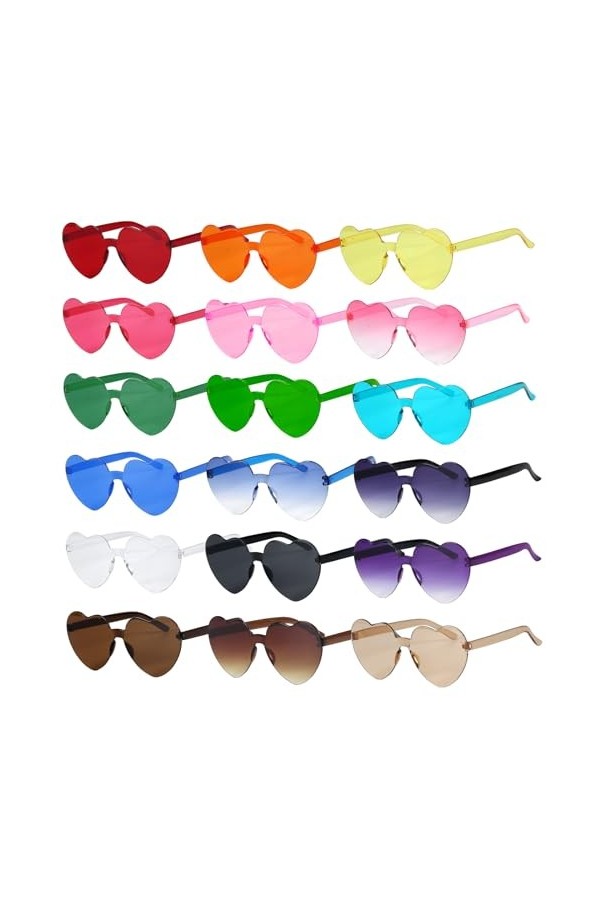KBRAKSI 18 Paires Lunettes de Soleil Femme Coloré Lunettes Coeur Hippie Lunettes Soleil Sans Monture en Forme Coeur Transpare