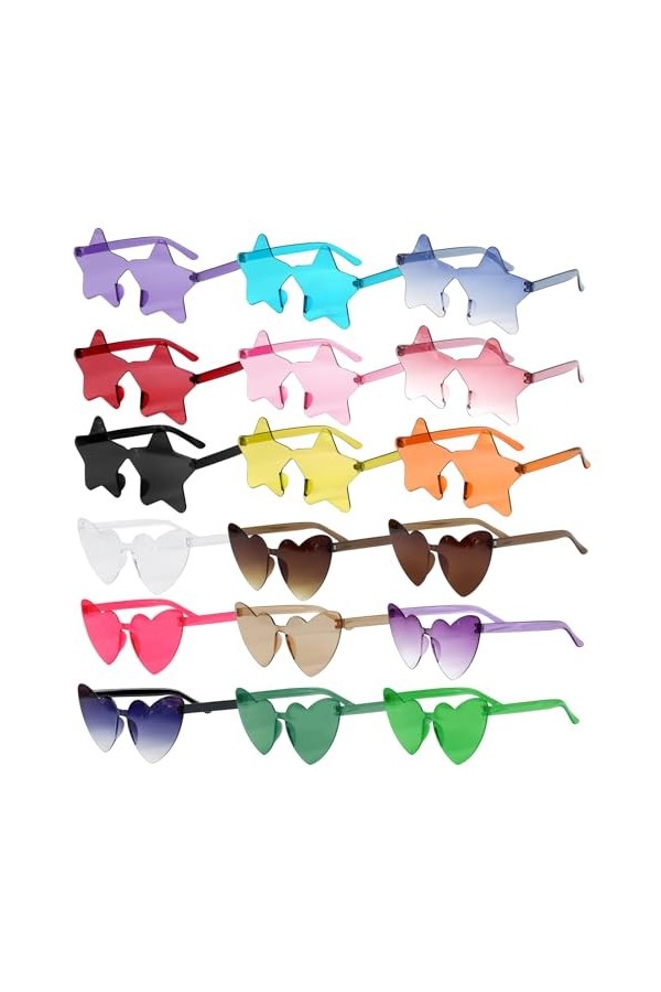 KBRAKSI 18 Paires Lunettes de Soleil Femme Coloré 9PCS Lunettes de soleil étoile sans cadre +9PCS Lunettes Coeur Hippie Lunet