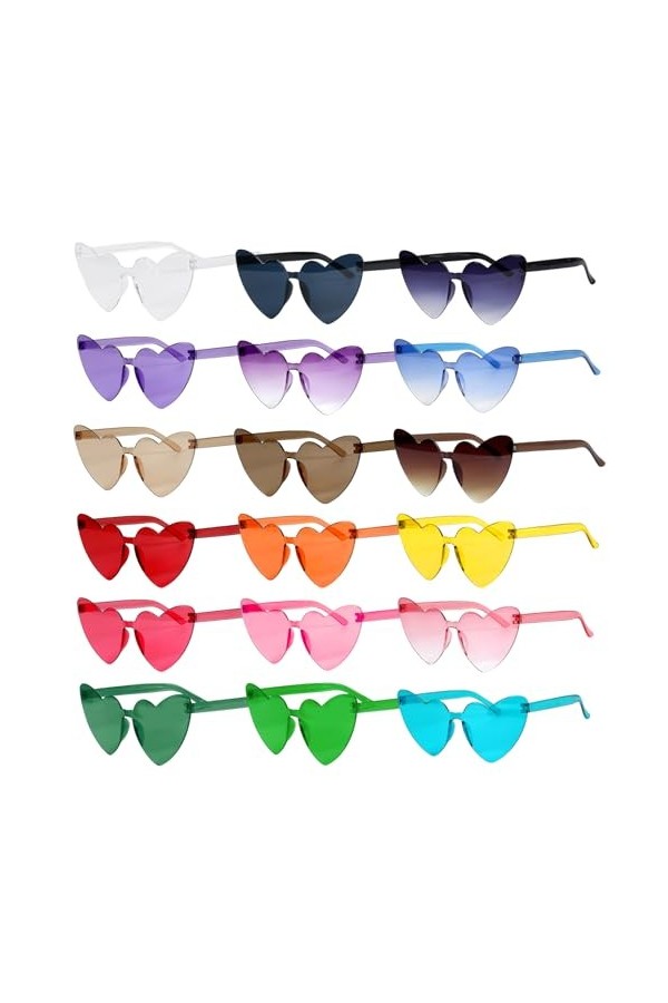 KBRAKSI 18 Paires Lunettes de Soleil Femme Coloré Lunettes Coeur Hippie Lunettes Soleil Sans Monture en Forme Coeur Transpare