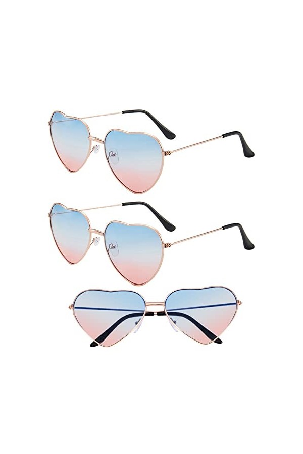 QincLing Lot de 3 paires de lunettes de soleil en forme de cœur - Lunettes daviateur pour femme - Couleur bonbon - Lunettes 