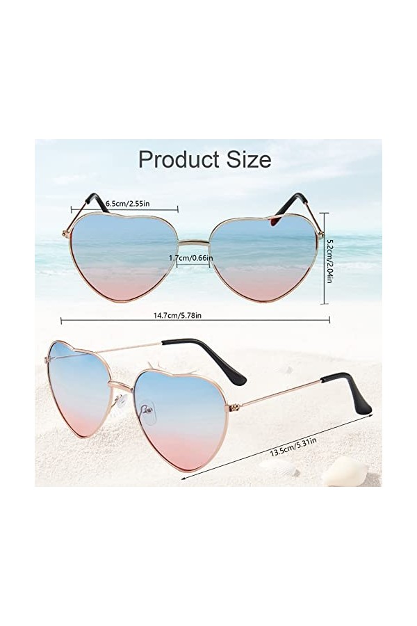 QincLing Lot de 3 paires de lunettes de soleil en forme de cœur - Lunettes daviateur pour femme - Couleur bonbon - Lunettes 