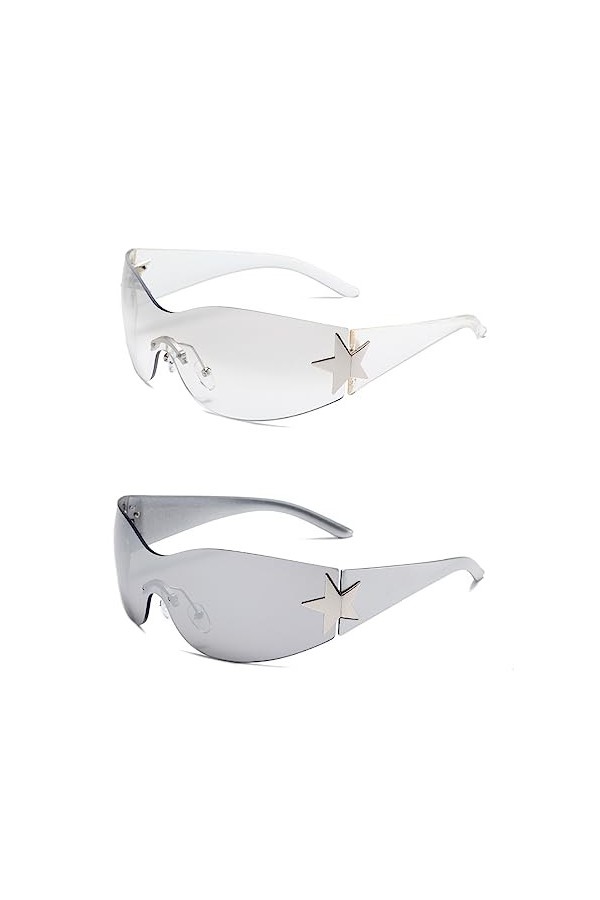 2 Paires de Lunettes de Soleil Y2K Enveloppantes avec Étoile Sans Monture Mode UV 400 Style Moderne et Branché Accessoire de 