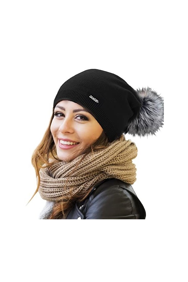 Solvera_Ltd Bonnet dhiver et dautomne pour femme avec grand pompon en fourrure synthétique - Élégant bonnet dhiver avec po