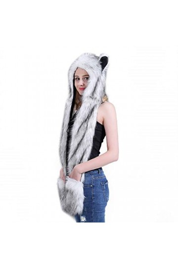 Écharpe à capuche 3 en 1 en fausse fourrure pour femme et adolescente - Avec gants, écharpe et capuche - Chaud et doux - En f