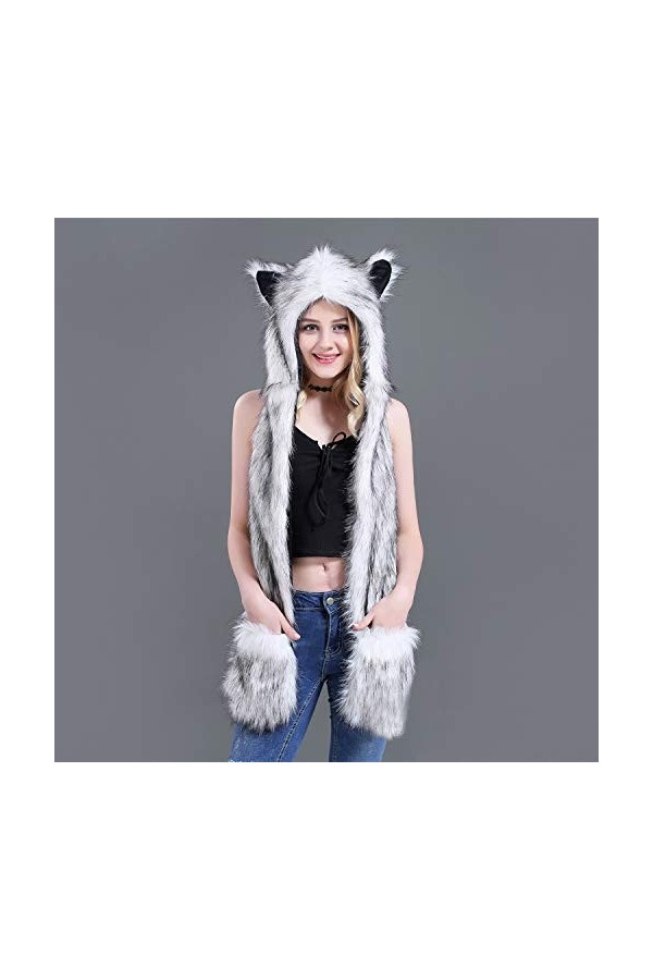 Écharpe à capuche 3 en 1 en fausse fourrure pour femme et adolescente - Avec gants, écharpe et capuche - Chaud et doux - En f