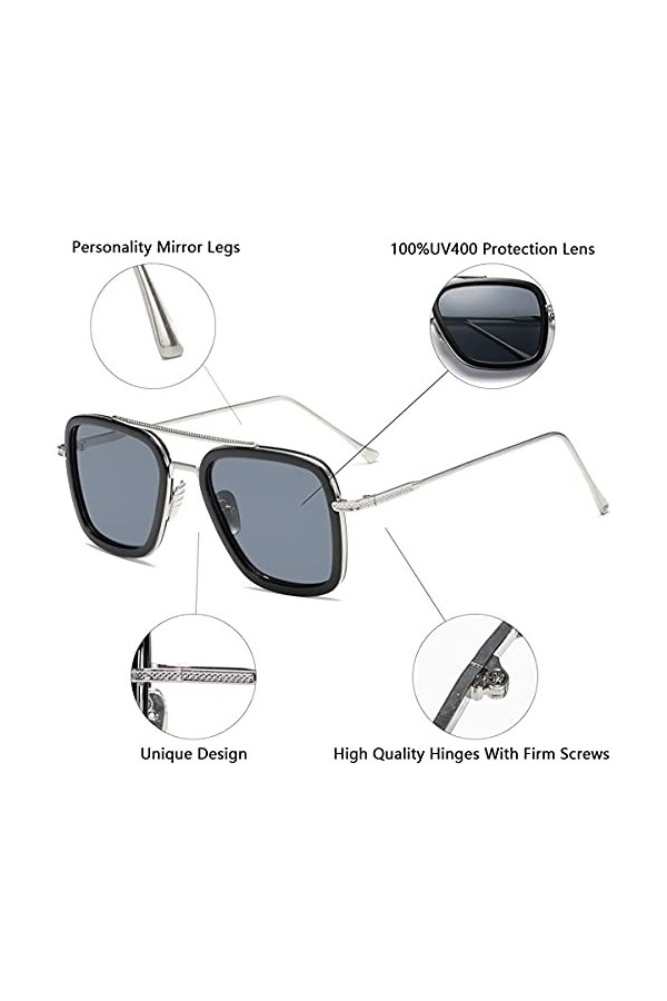 Tony Stark Lunettes de soleil vintage carrées avec monture en métal pour homme et femme – Lunettes de soleil rétro Iron Man e
