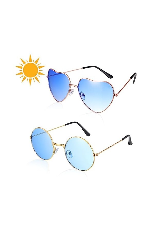 Lot de 2 lunettes de soleil hippie avec cadre en métal, lunettes de soleil rondes style hippie rétro avec verres colorés, lun
