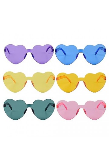 Bohue Lot de 6 lunettes de soleil transparentes en forme de cœur sans monture multicolores élégantes pour femmes et filles