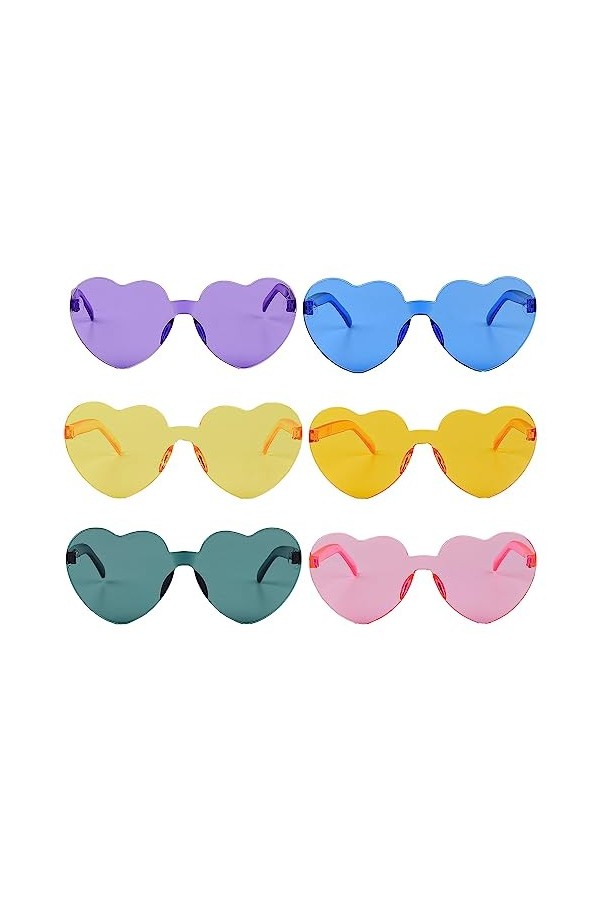 Bohue Lot de 6 lunettes de soleil transparentes en forme de cœur sans monture multicolores élégantes pour femmes et filles