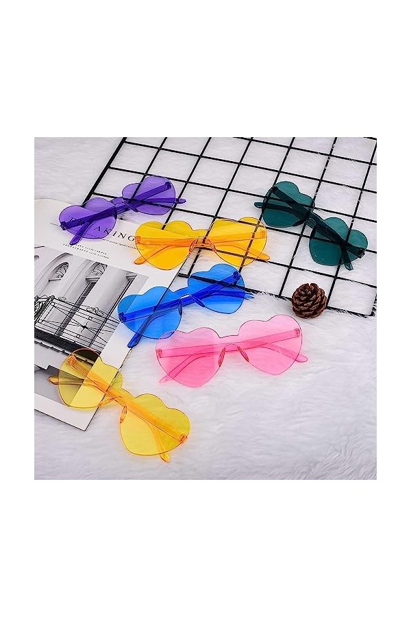 Bohue Lot de 6 lunettes de soleil transparentes en forme de cœur sans monture multicolores élégantes pour femmes et filles