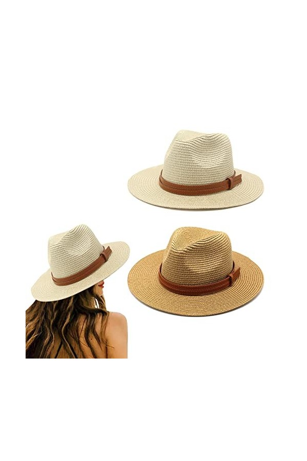 Suuwwn Femme Homme Chapeau de Paille,2 Pièces Pliable Chapeau de Soleil à Bord Large Anti-UV Hat avec Bracelet en PU Cuir Pla