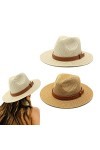 Suuwwn Femme Homme Chapeau de Paille,2 Pièces Pliable Chapeau de Soleil à Bord Large Anti-UV Hat avec Bracelet en PU Cuir Pla