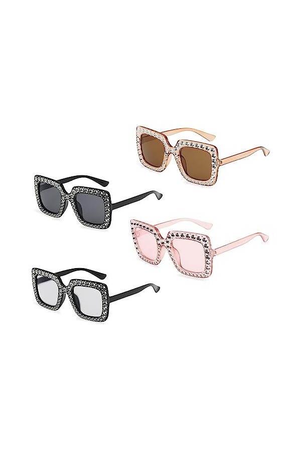 TSHAOUN 4 Paires de Lunettes de Soleil Strass Bling Unisexes,Lunettes de soleil Surdimensionnées pour Monture Composite étinc