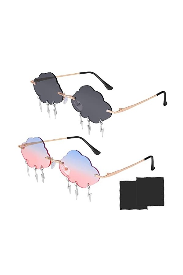 Lunette de Soleil Femme 2pcs Mode Vintage Lunettes de Soleil Sans Monture Festival Hippie Lunettes Fantaisie Sans Monture Lun