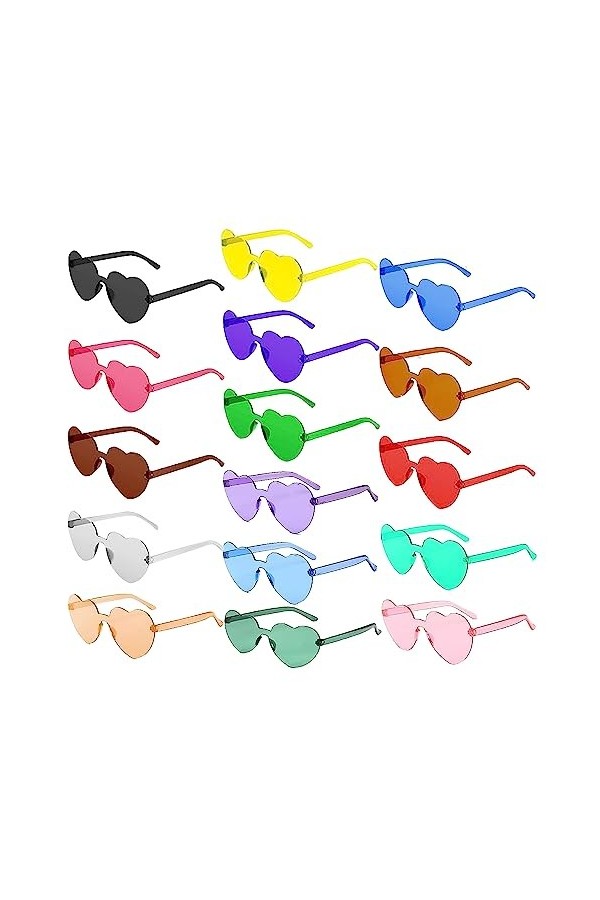RUNMKUO 16 Paires Lunettes en Forme de Coeur,Lunettes de Fête Sans Bord pour Femme,Hippie Lunettes Fête en Coeur,Lunettes de 