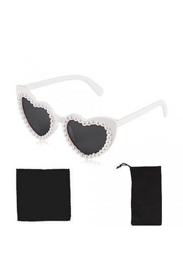 Lunettes de Soleil Femme Perle, Lunettes de Soleil Coeur Blanc avec Sac à Lunettes Chiffon à Lunettes Lunettes de Soleil Nacr
