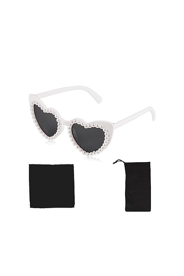 Lunettes de Soleil Femme Perle, Lunettes de Soleil Coeur Blanc avec Sac à Lunettes Chiffon à Lunettes Lunettes de Soleil Nacr